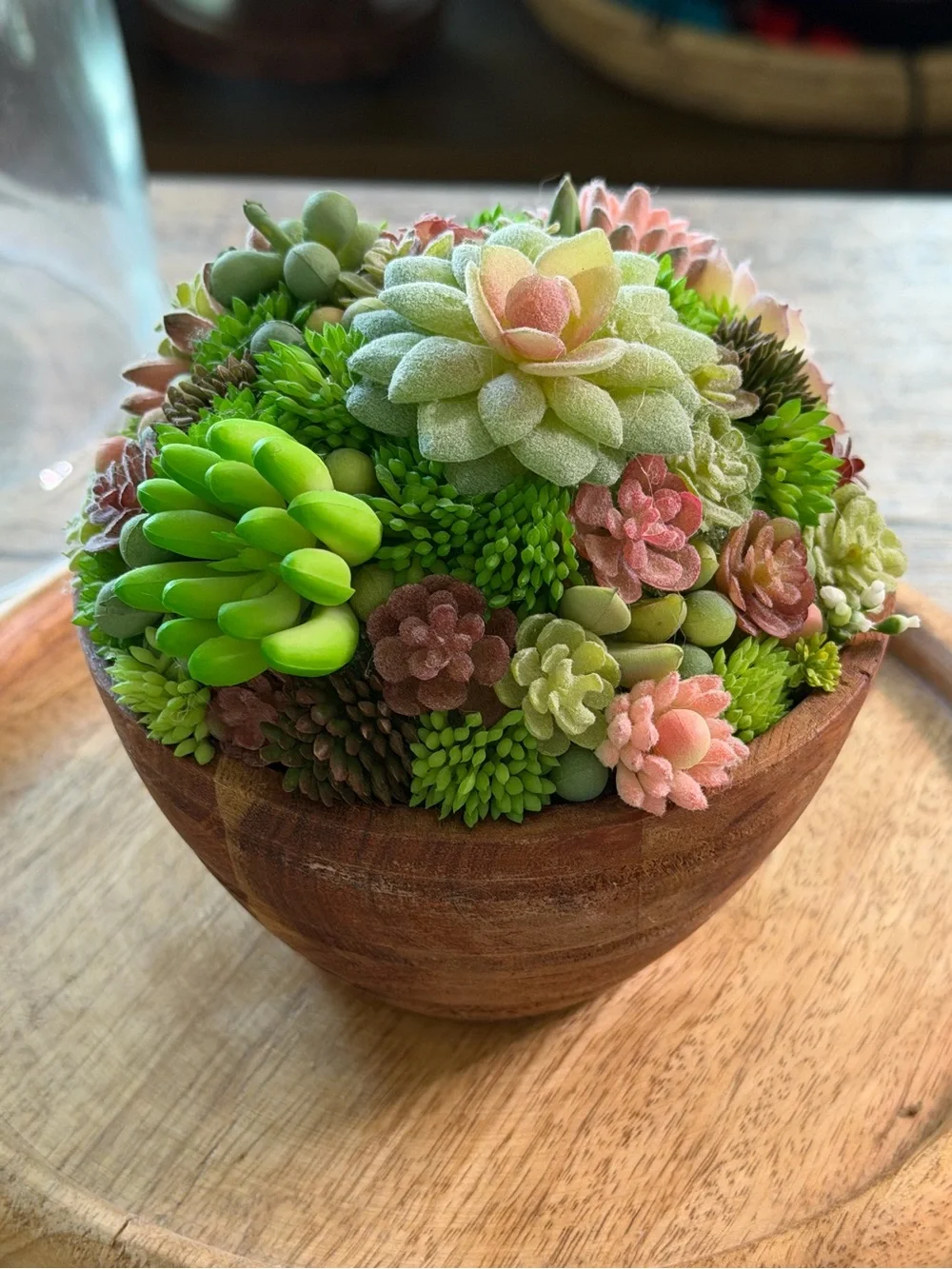 Handcrafted Faux Succulent Arrangement in Wooden Bowl (Glass Dome)